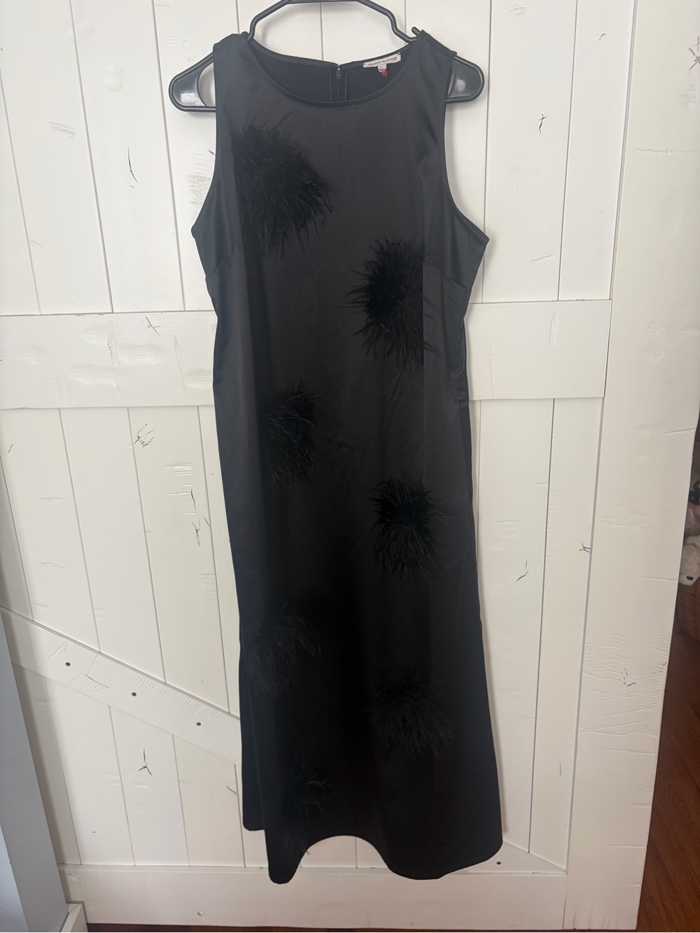 Frances Valentine Black Sleeveless Midi Dress with Feather Pom Details